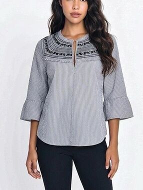 Coco Colette Blue White Medium Striped Embroidered Neck 3/4 Bell Slv Top